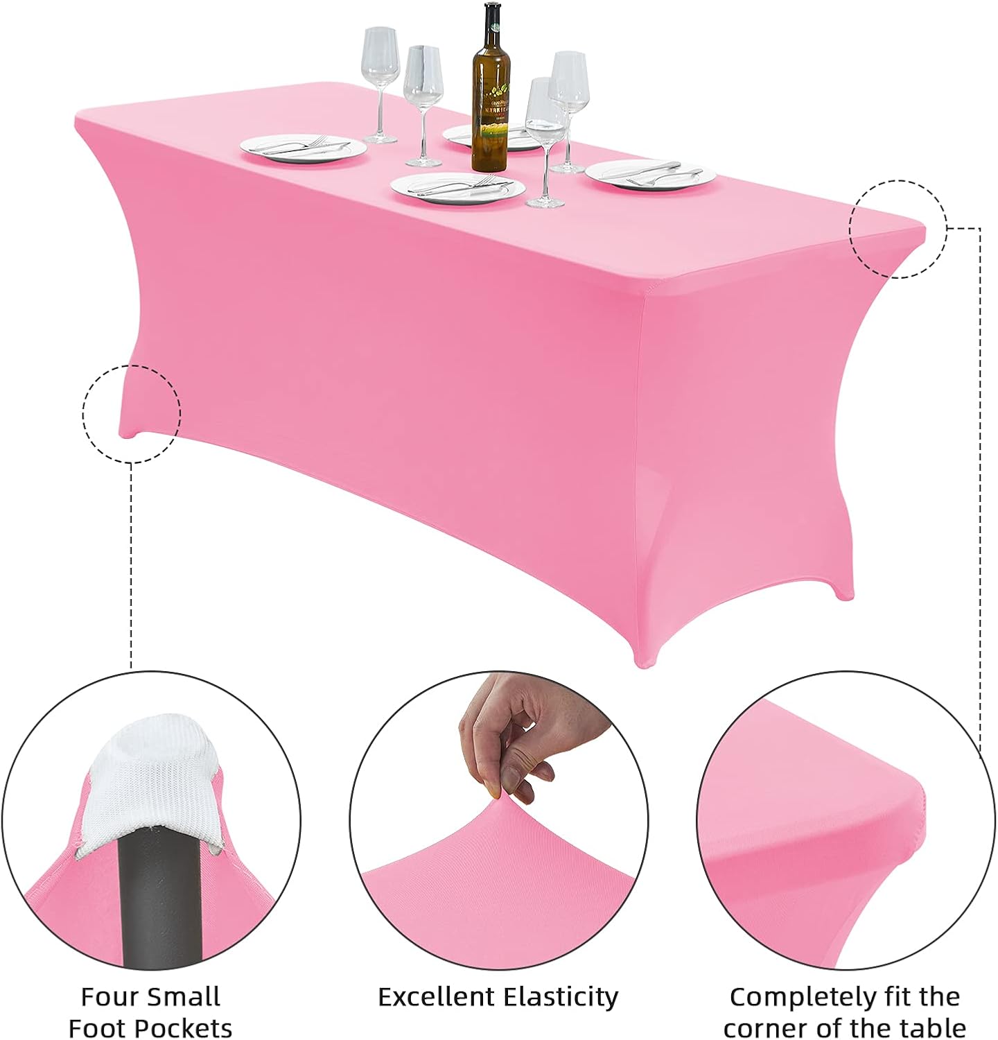 CWK 8FT Waterproof Stretch Spandex Table Cover for Rectangular Tables - Elastic Fitted Tablecloth for Folding Tables,Wrinkle Resistant Table Cloth for Parties, Weddings, Banquets & Events (Pink)