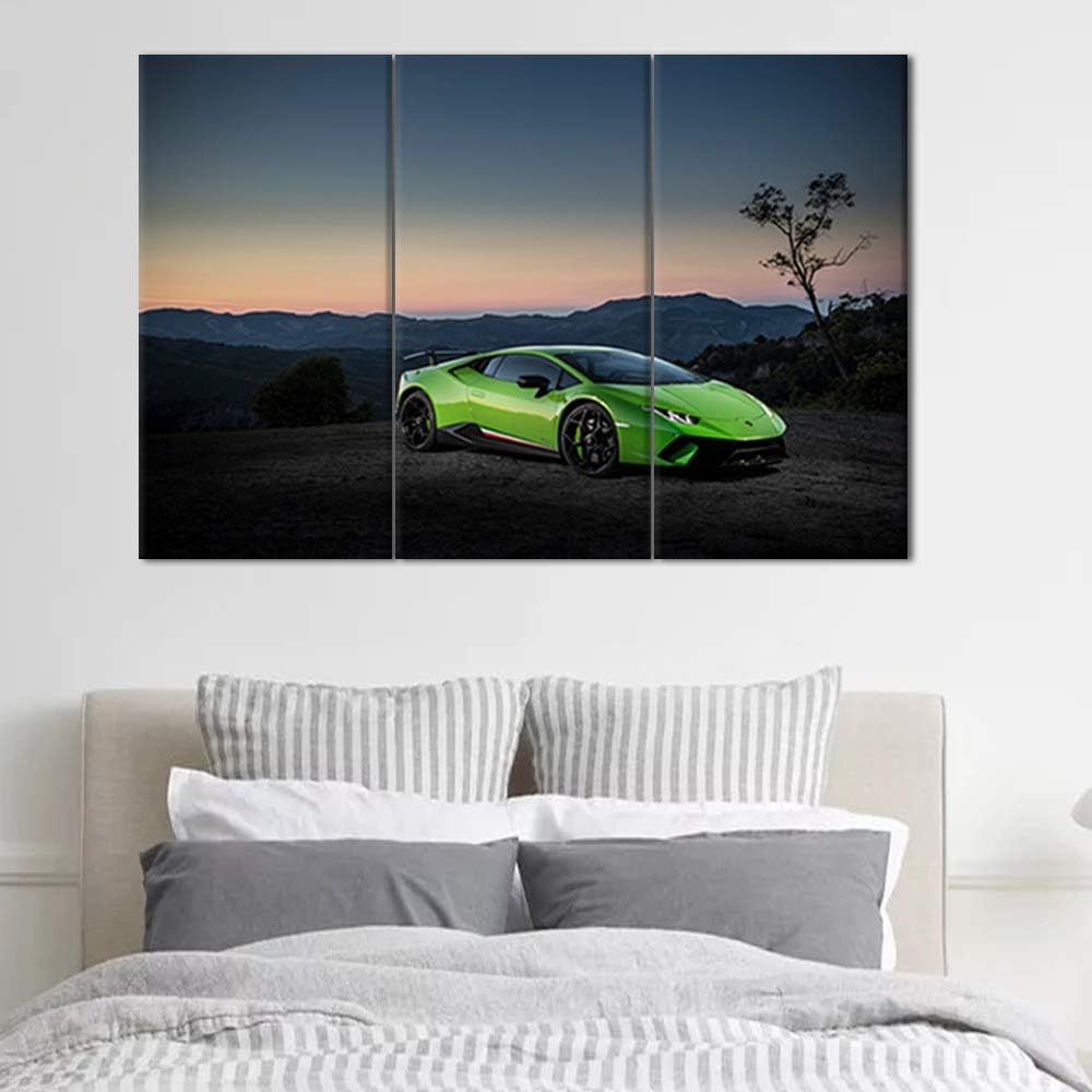 Green Sports Car On Mountain Top and Skyline Wall Art Painting The Picture Print On Canvas Racing Car Pictures for Home Decor Decoration Gift - 28 x 14inch x 3 Panel