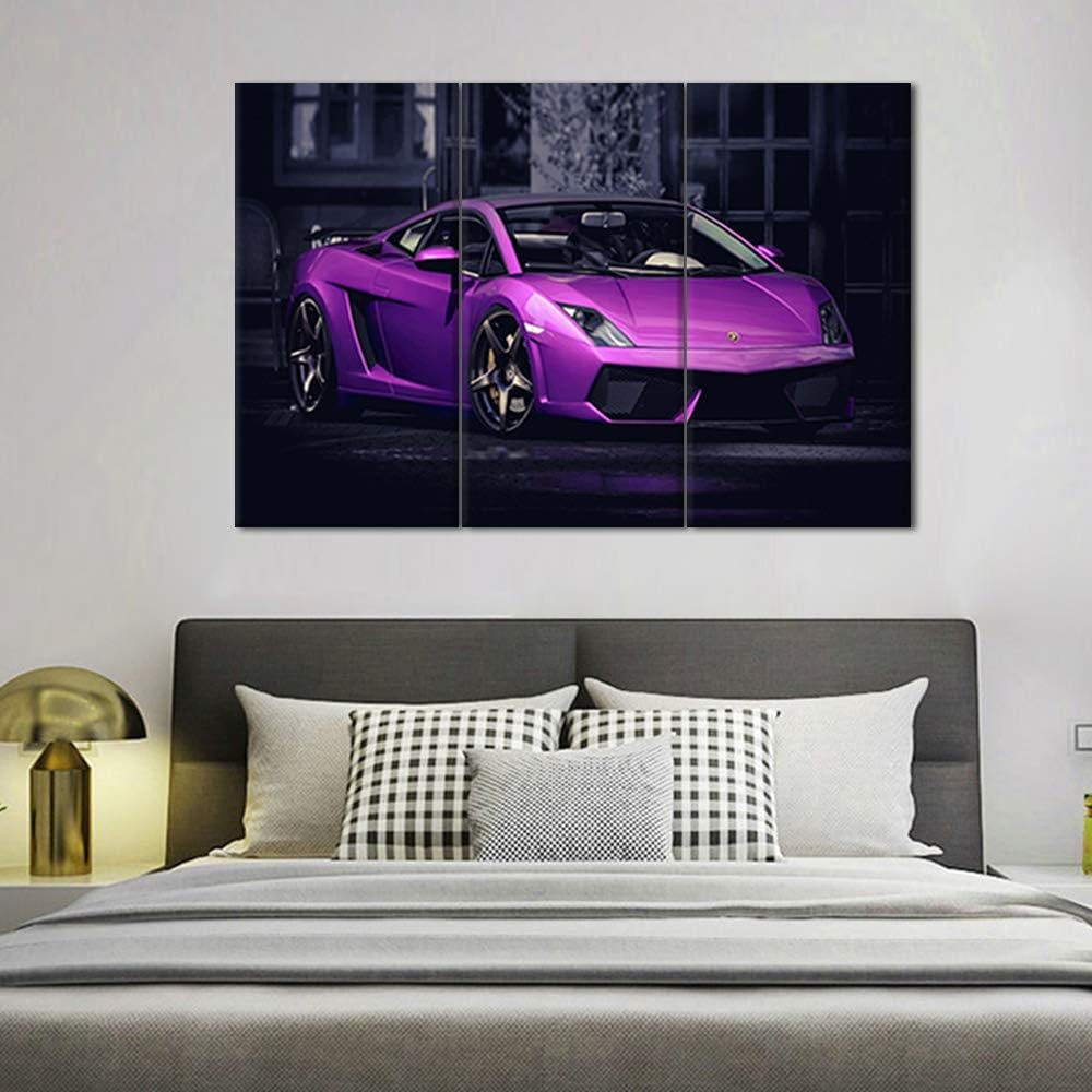 3 Panel Modern Framed Landscape Artwork Giclee Canvas Prints Pictures Paintings on Canvas Wall art for Living Room Bedroom Home Office Decorations,Purple Sports car Poster - 12 x 24 inch x 3 Pieces