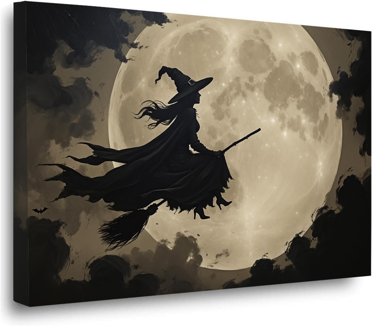 Full moon witch silhouette poster witch on magic broom Halloween mural poster decorative mural art suitable for home living room bedroom20x30in Wood Framed