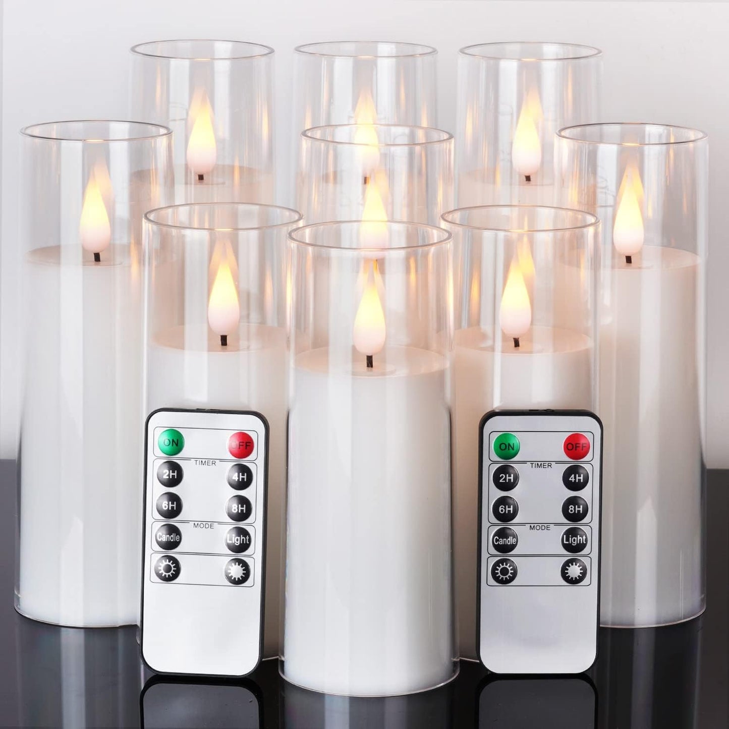 Amagic Pure White Flameless Candles, Battery Operated Candles, Acrylic Flickering LED Pillar Candles with Remote Control and Timer, 3D Wick, Yellow and Blue Glow, D2.2 xH5 6" 7", Set of 9