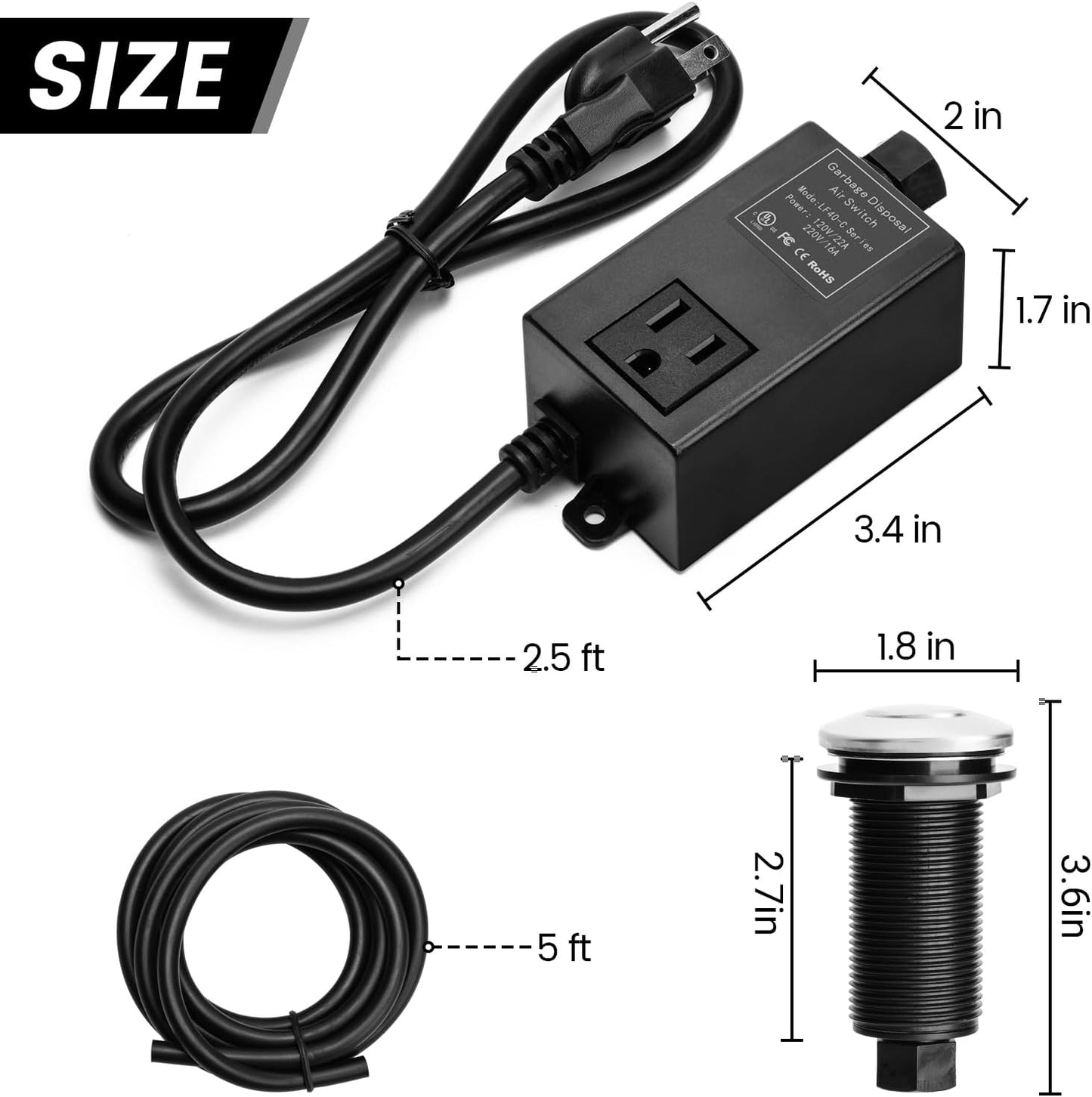 Garbage Disposal Air Switch Kit for SinkTop Waste Disposal with Stainless Steel Polished Long Air Button by briidea