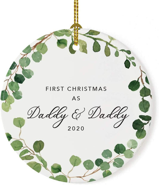 Andaz Press Custom Year Round Ceramic Porcelain Christmas Tree Ornament Keepsake Collectible Gift, First Christmas as Daddy & Daddy 2025, Farmhouse Eucalyptus Wreath, 1-PackGay Couple