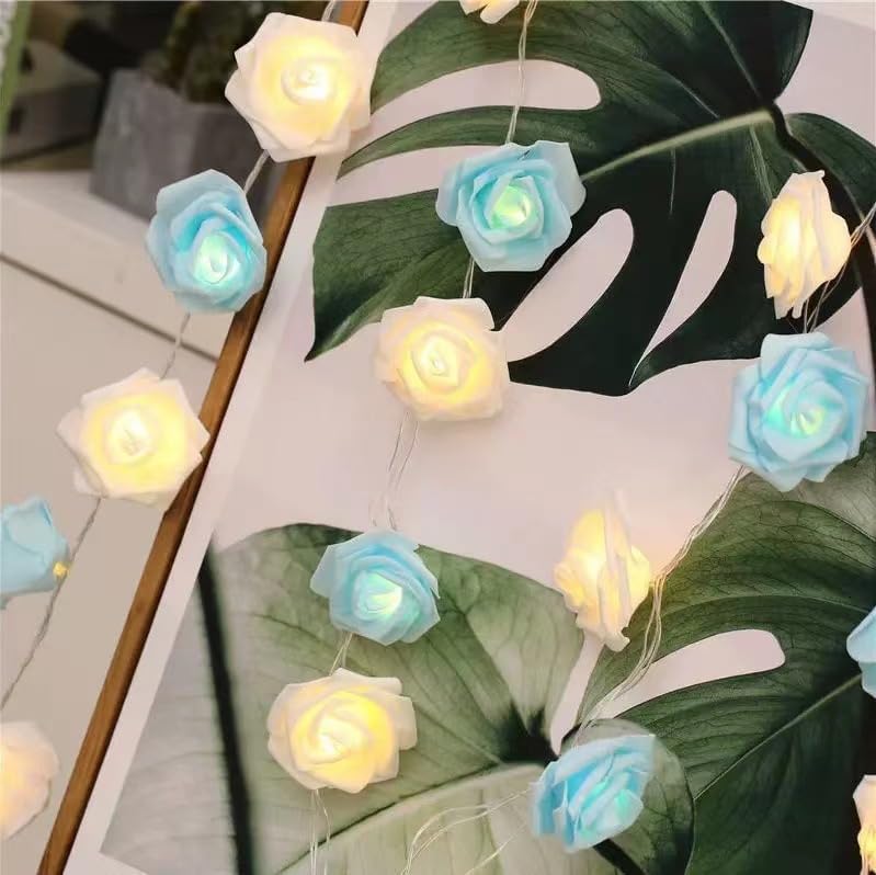 Everlasting Splashes LED Rose Flower Fairy String Lights Battery Operated Warm Flashing Light for Romantic Proposal Wedding Party Birthday Christmas Thanksgiving DIY Indoor Outdoor Decorations (Blue)