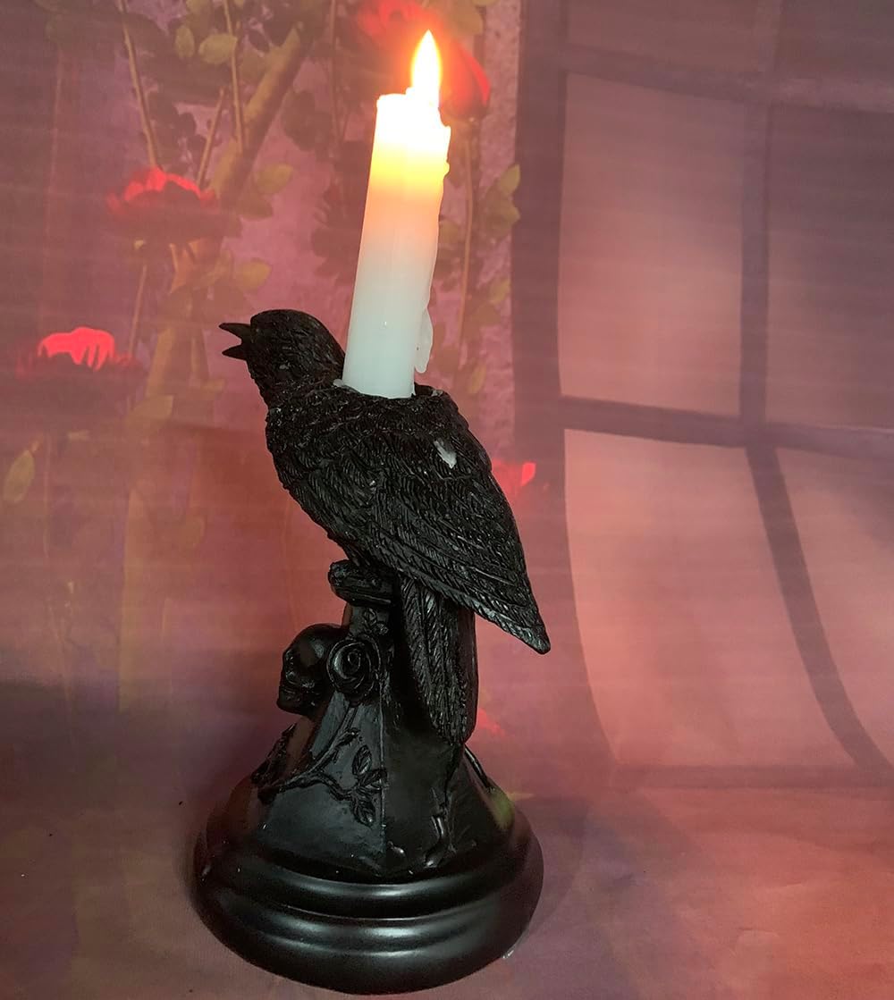 Gothic Crow Candle Holder Halloween Decoration Raven Statue Candle Sticks Holder Black Mystical Dark Accents for Home & Parties (Raven)