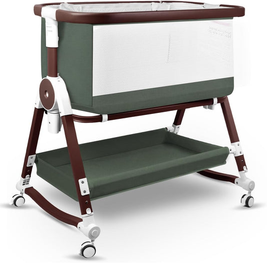 4 in 1 Baby Bassinet, Bassinets Bedside Sleeper with Wheels and Storage Basket, Adjustable 7 Heights Bedside Sleeper with Mosquito Net, Breathable Mesh Rocking Bassinet for Baby