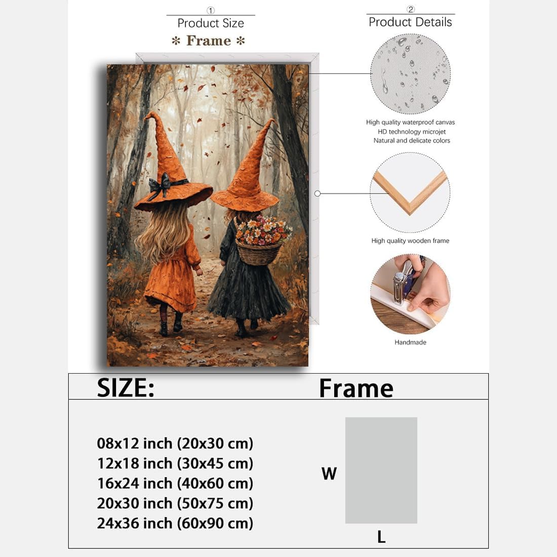 Fall Wall Art Witch Picture Decor,Little Girl Witch Halloween Wall Art, Vintage Autumn Whimsical Woodland Forest Picture, Family Room Nursery Playroom Children Room Decoration,24"x36" Framed