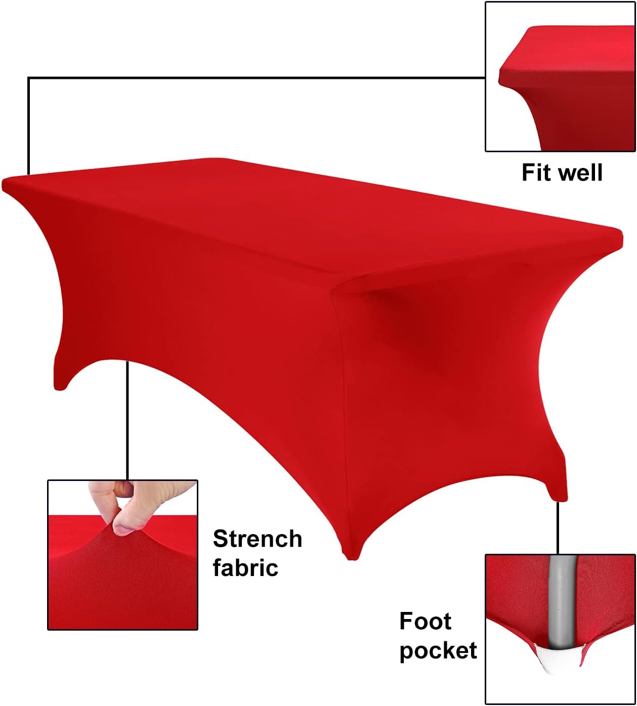 4Pack Spandex Waterproof Table Covers 8ft，Spandex 8ft Waterproof Table Cover for Party,Wedding, Banquet, and Events(Red)