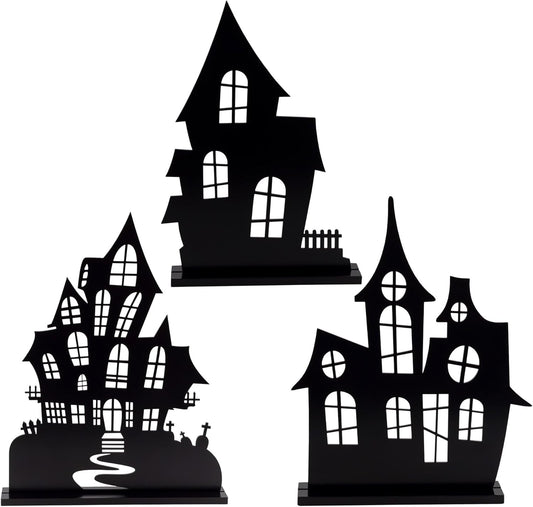 AuldHome Design Spooky Halloween House Village Silhouettes (Set of 3); Scary Haunted House Wood Statue Figurines Centerpiece Set