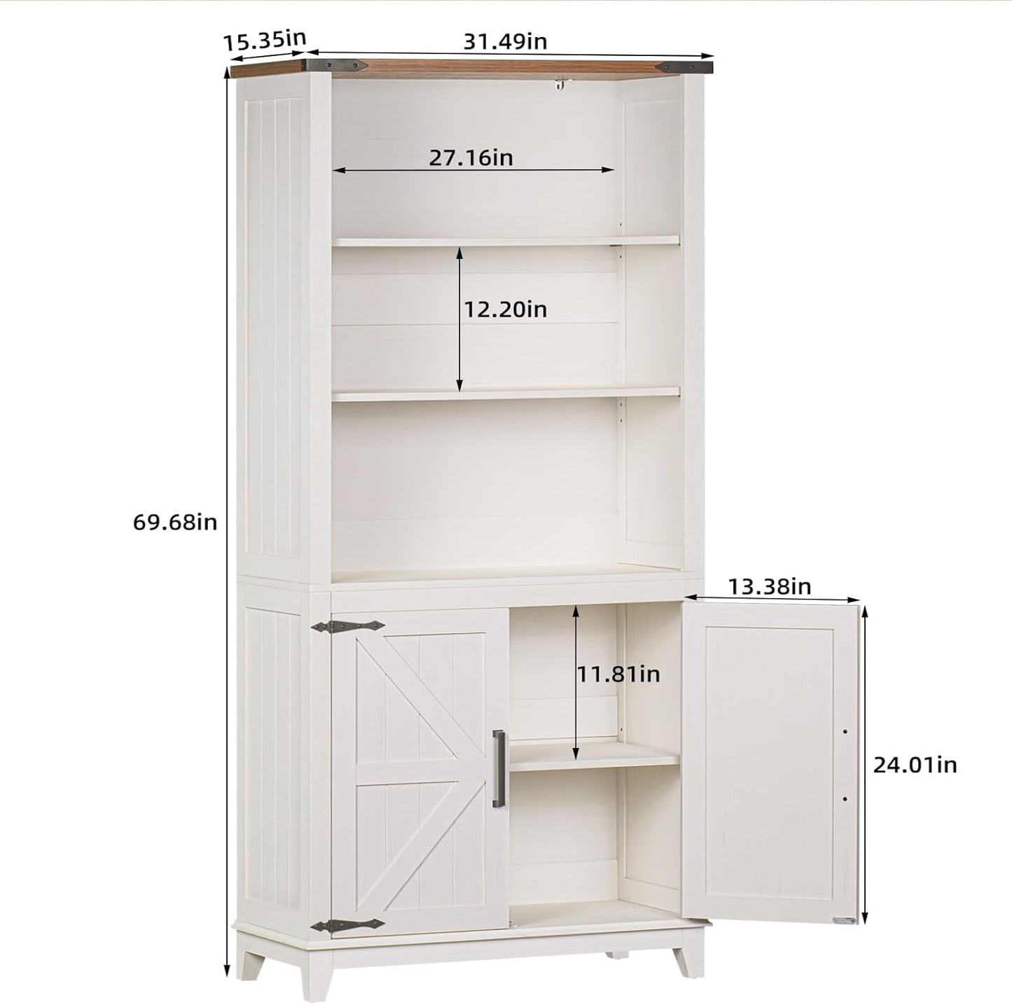 5 Tier Bookshelf 70in Tall Bookcase with Barn Doors and Storage Cabinet, White Farmhouse Book Shelf with Adjustable Shelves, Wood Freestanding Display Bookshelves for Bedroom, Kitchen (2PCS)