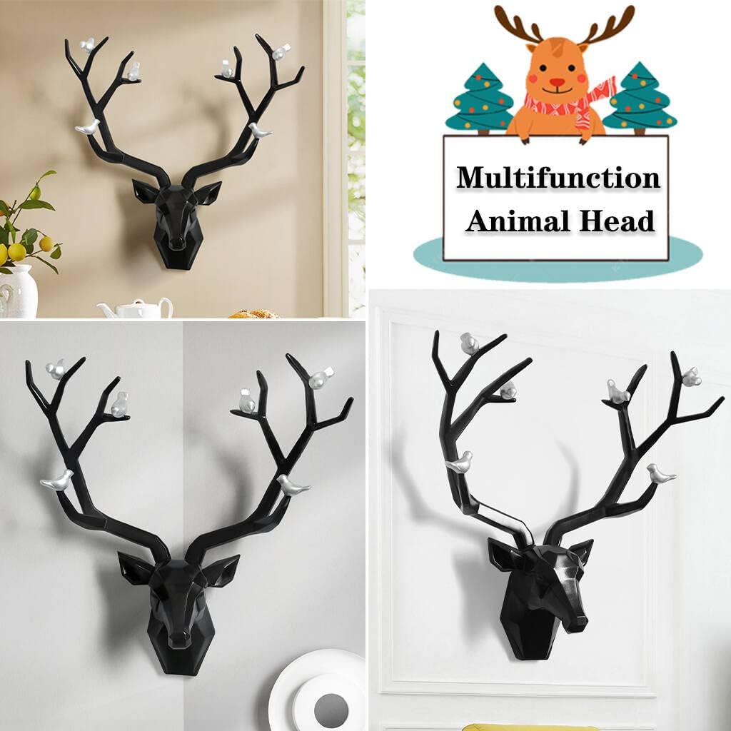 Deer Head Wall Decor Geometric Rustic Wall Mounted Deer Head, Faux Taxidermy Animal Head Wall Art Pendant, Handmade Resin Head Sculptures for Porch, Detachable Antlers, 6 Styles(Black,21.8x15.7IN)