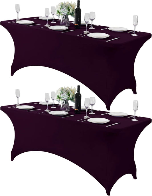 2Pack Spandex Table Cover for 6Ft or 4fT or 8ft Table Universal Fitted Stretch Tablecloth for Party, Banquet, Wedding and Events-Eggplant