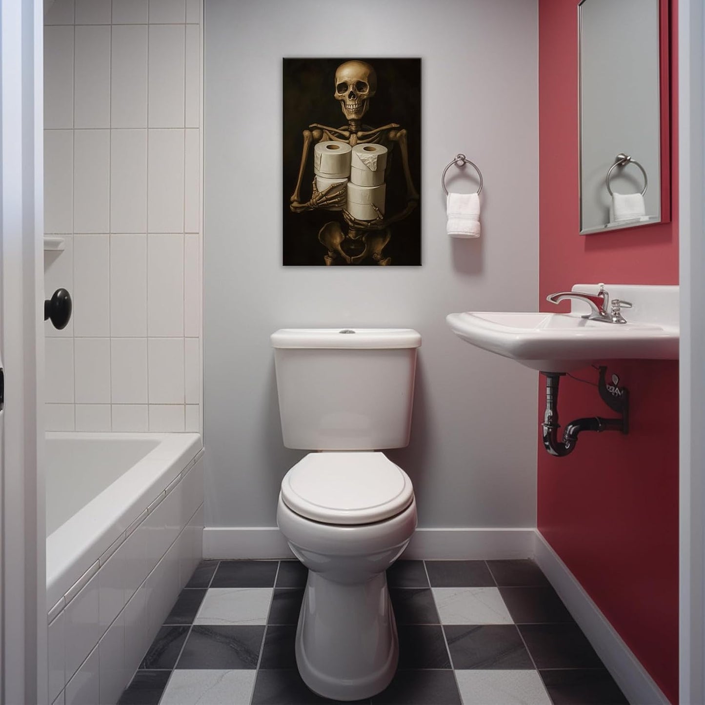 Gothic Skull Wall Art Funny Skeleton with Toilet Paper Canvas Print Vintage Skull Painting Framed Artwork for Living Room Home Halloween Wall Decor(Artwork-8,12"x18")