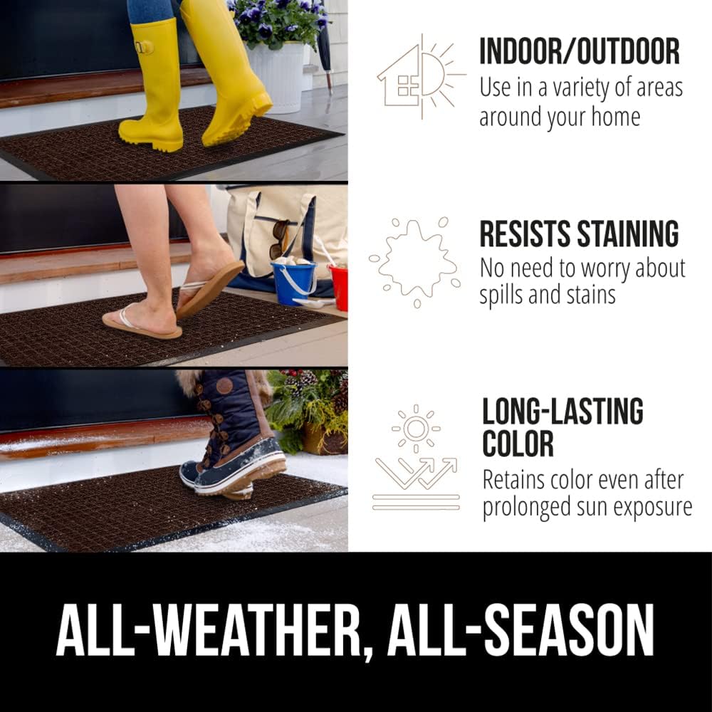 GORILLA GRIP 100% Waterproof All-Season WeatherMax Doormat, 60x24, US Designed Natural Rubber, Stain and Fade Resistant, Low Profile Indoor Outdoor Door Mats, Easy Clean Patio Mat, Coffee Squares