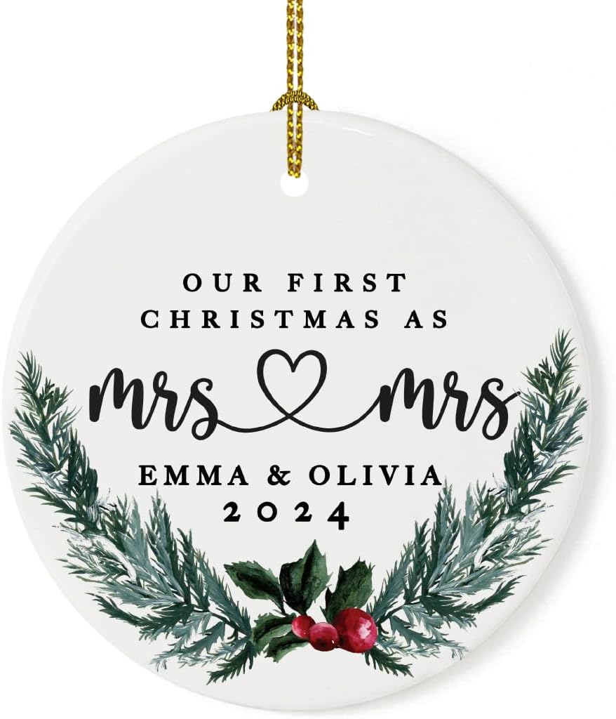 Andaz Press Personalized Our First Christmas As Mrs. & Mrs. 2025 Christmas Ornaments Holly & Pine Wreath 2.8" Round Porcelain Ceramic Lesbian Married Couple Gay Women Newlyweds Wedding Keepsake 1-Pack