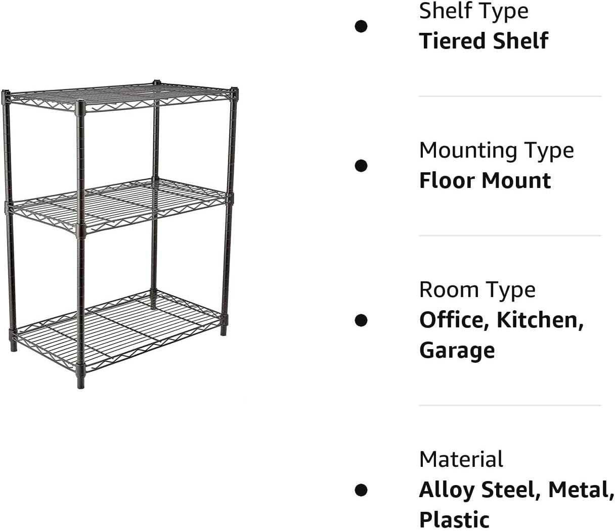 Amazon Basics 3-Shelf Adjustable Heavy Duty Steel Wire Rack Storage Shelving Organizer for Kitchen, Garage, 23.2" L x 13.4" W x 30" H, Black