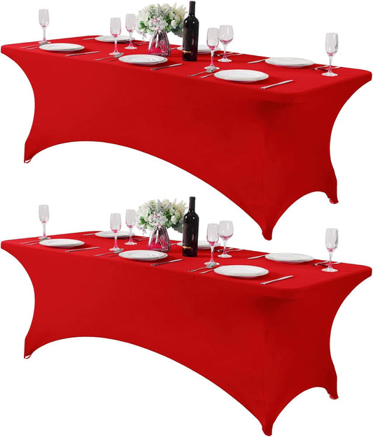 2Pack Spandex Table Cover for 8FT or 4ft or 6ft Table Universal Fitted Stretch Tablecloth for Party, Banquet, Wedding and Events-Red