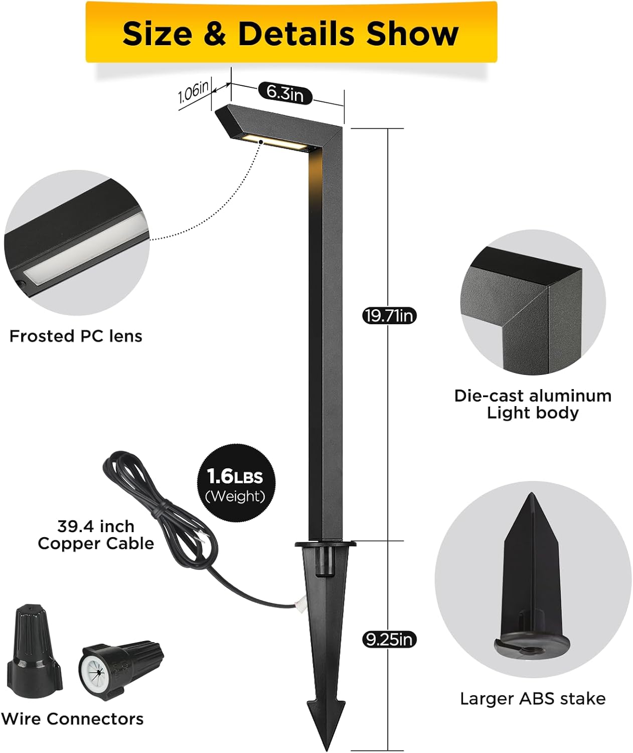 Gardencoin 3CCT LED Low Voltage Landscape Pathway Light, 12V Premium 3000K/4000K/5000K Selectable Path Lights Wired, Modern Walkway Lights Outdoor, Higher Housing with Larger Stake (19.7IN, 8 Pack)