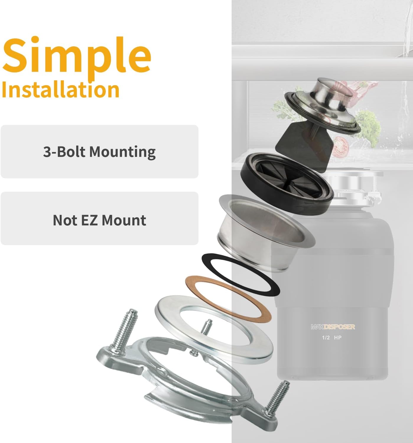 Garbage Disposal 1/2 HP Easy install Quiet with Stopper Power Cord, Kitchen sink Food Waste Disposer Continuous Feed, Stainless Steel Grind Half Horsepower AC Motor Unit (MAX-3)