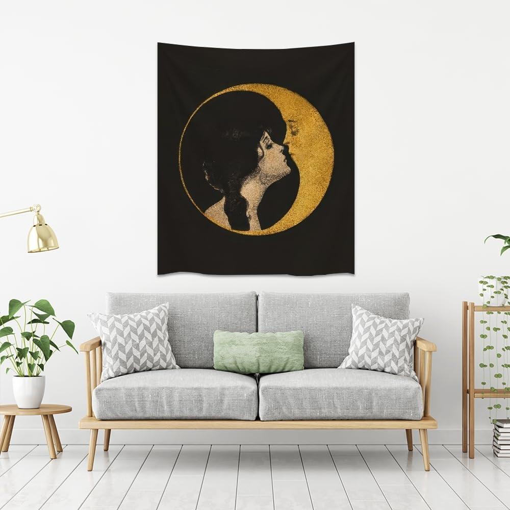 Dark Academia Woman Kissing Moon Art Tapestry Gothic Aesthetic Wall Hanging Witchy Picture Print Moon Goddess Tapestries Wall Decor for Living Room Bedroom Dorm 40x60inch