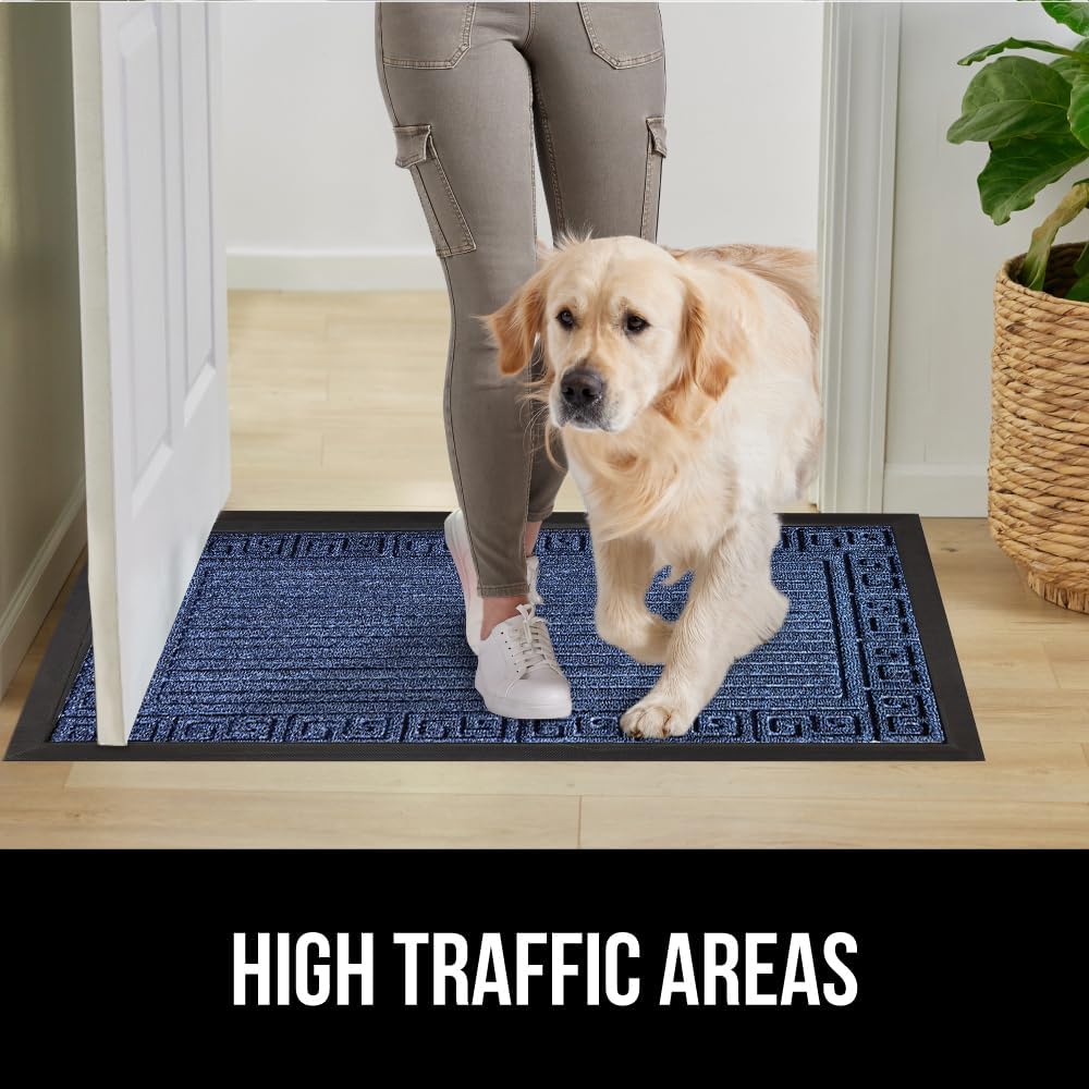 GORILLA GRIP 100% Waterproof All-Season WeatherMax Doormat, 72x24, US Designed Natural Rubber, Stain and Fade Resistant, Low Profile Indoor Outdoor Door Mats, Easy Clean Patio Mat, Navy Greek Keys