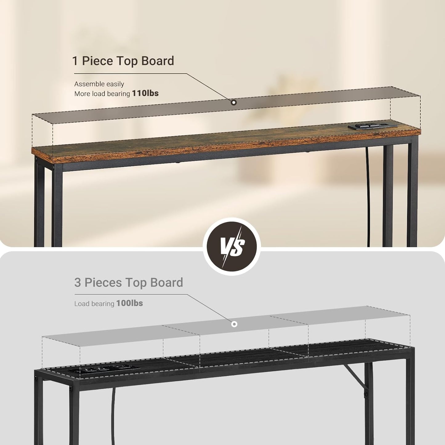 ELYKEN 2 Pack 5.9" Narrow Console Sofa Table with Power Outlets, 5.9" D x 39.4" W x 31.1" H Long Couch Table with Metal Frame and Charge Station with 6.5’ Extension Cord, Rustic Brown