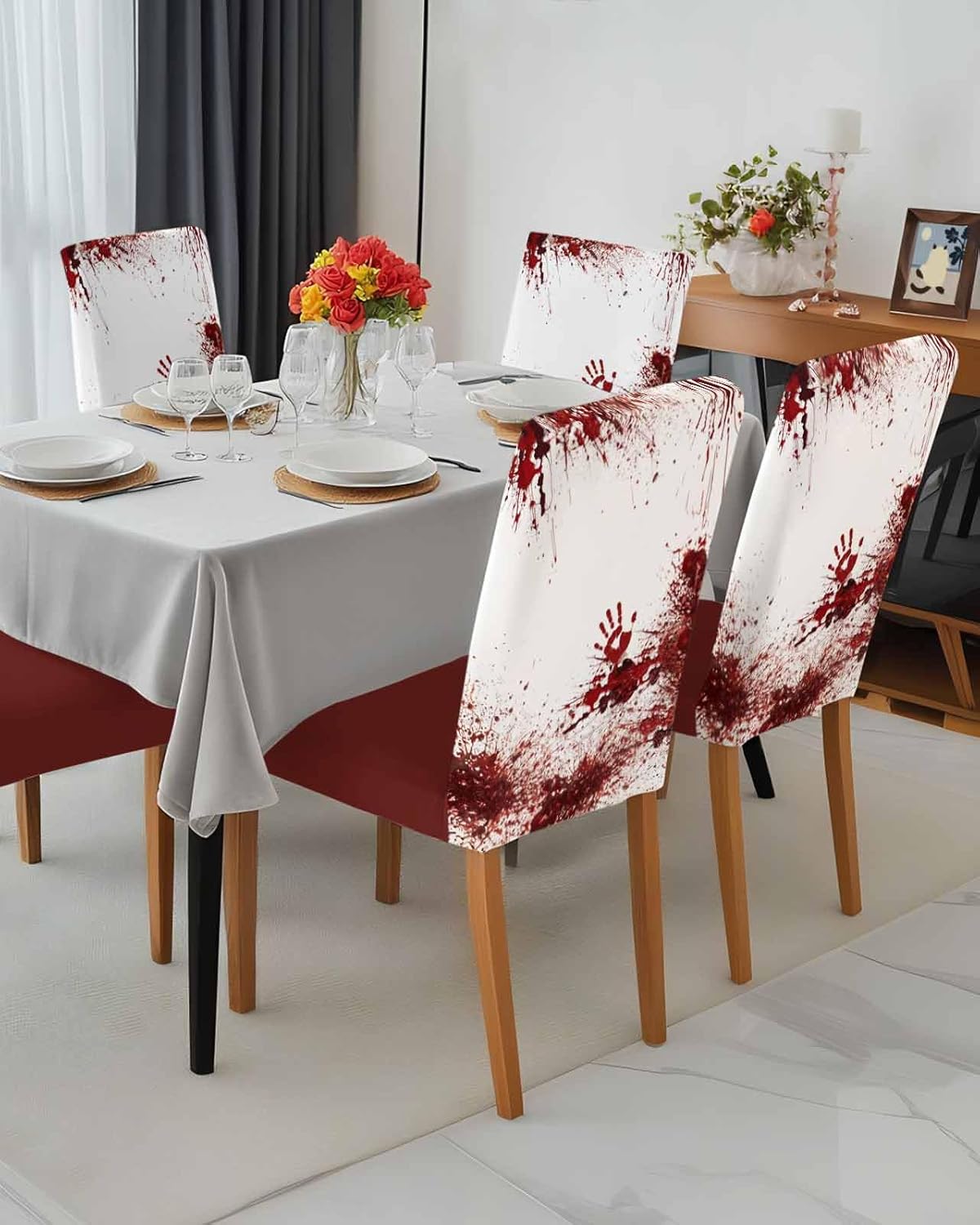 6 Pcs Dining Chair Covers Stretch Spandex Slipcovers Halloween Horror Bloody Handprint Removable Washable Dining Room Seat Cover Cushion Protector for Home Hotel Banquet Decor Red Blood White