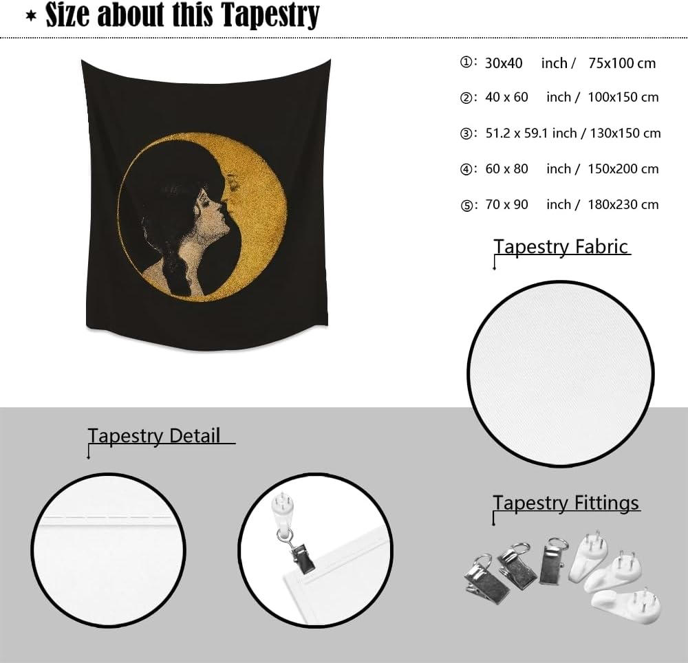 Dark Academia Woman Kissing Moon Art Tapestry Gothic Aesthetic Wall Hanging Witchy Picture Print Moon Goddess Tapestries Wall Decor for Living Room Bedroom Dorm 60x80inch