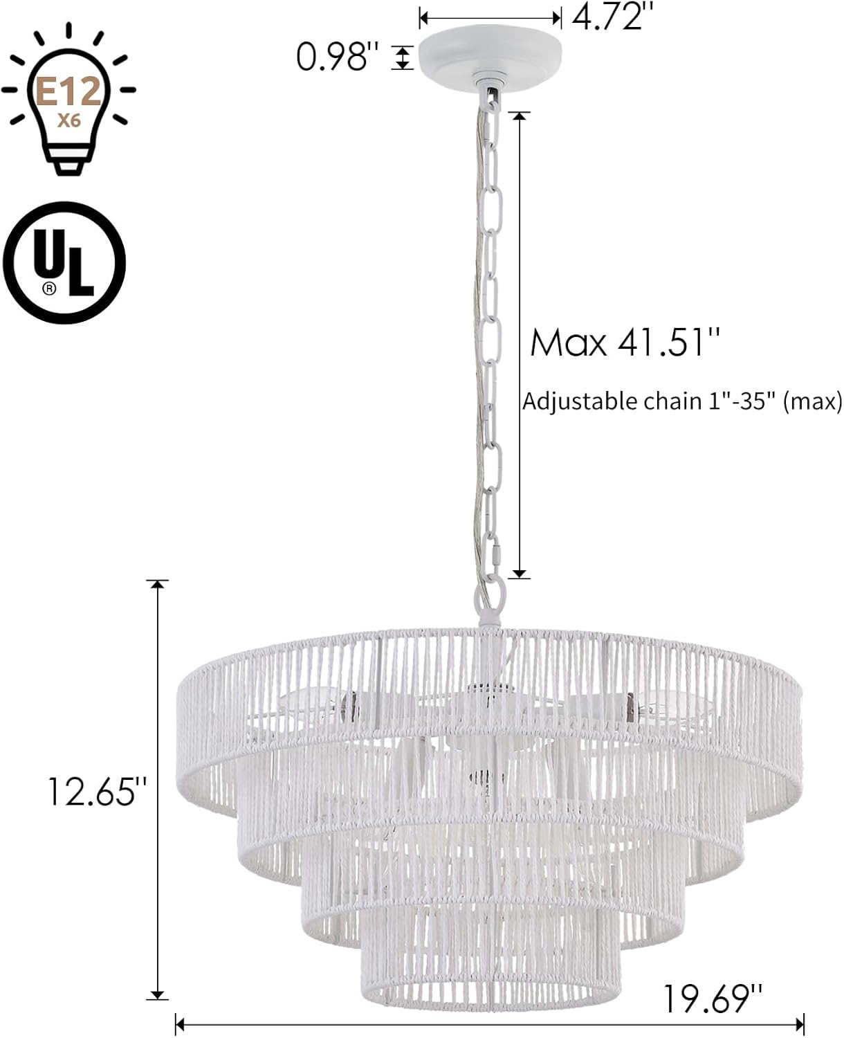 6-Lights 20" Hand-Woven Rattan Pendant Light Coastal 4 Round Transitional Minimalist Boho Large Pendant Light, for Kitchen Island Dining Room Living Room Hallway, White, UL Listed