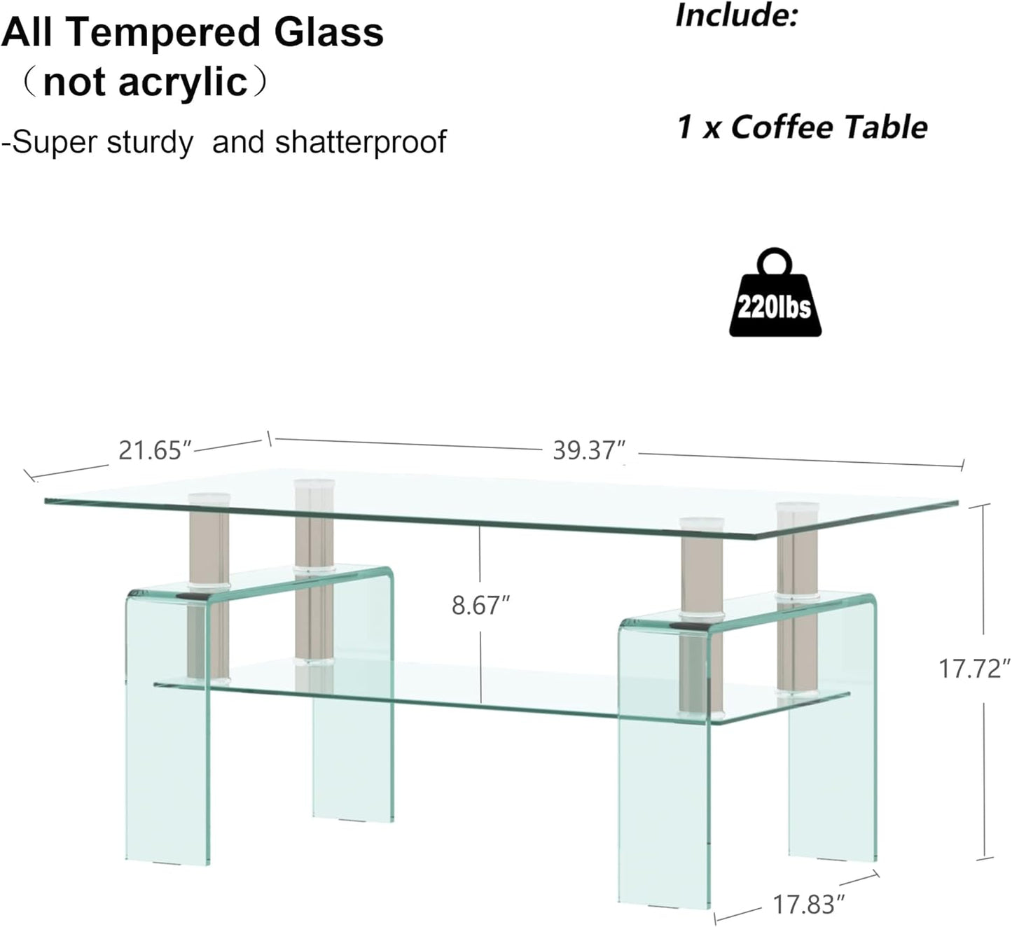 Glass Coffee Table for Living Room, Modern Rectangle All Tempered Glass Table 8mm Clear Transparent Top Home Furniture for Small Space Bearing 220LB
