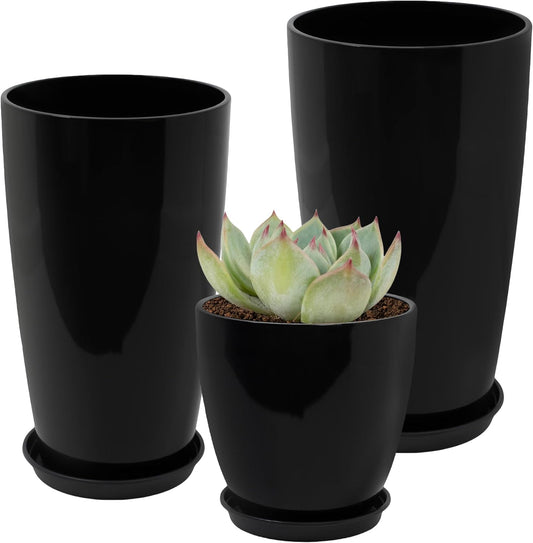 24/21/12 Inch Large Plastic Planter, Lightweight Ceramic-Look Large Flower Pots with Drain Hole & Saucers, Plastic Outdoor Planters for Garden, Patio, Balcony(Brilliant Black)