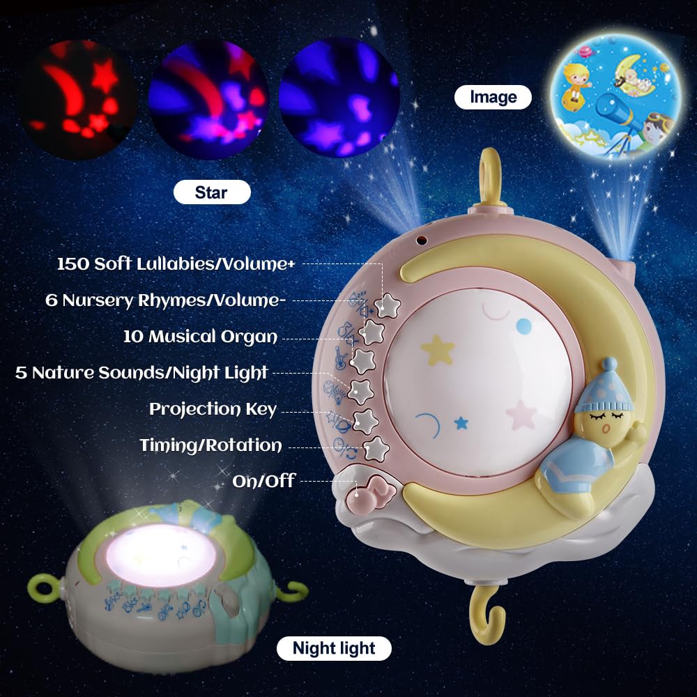 Baby Musical Crib Mobile with Timing Function Projector and Lights,Hanging Rotating Rattles and Remote Control Music Box with 150 Melodies,Toy for Newborn 0-24 Months