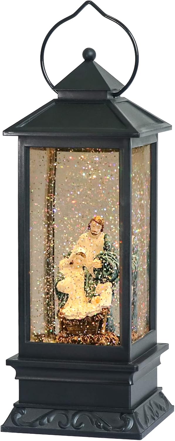 Eldnacele Battery Operated Plug-in Musical Lighted Christmas Water Snowing Glittering Snow Globe Lantern with Timer Christians Nativity Lantern Decor, Holy Family