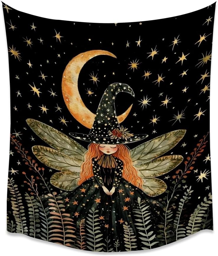 Dark Academia Witch Fairy Tapestry Wall Hanging Magical Moon Starry Night Art Print Halloween Witchy Artwork Aesthetic Wall Tapestries for Girls Bedroom Living Room Dorm Decoration 60x80inch