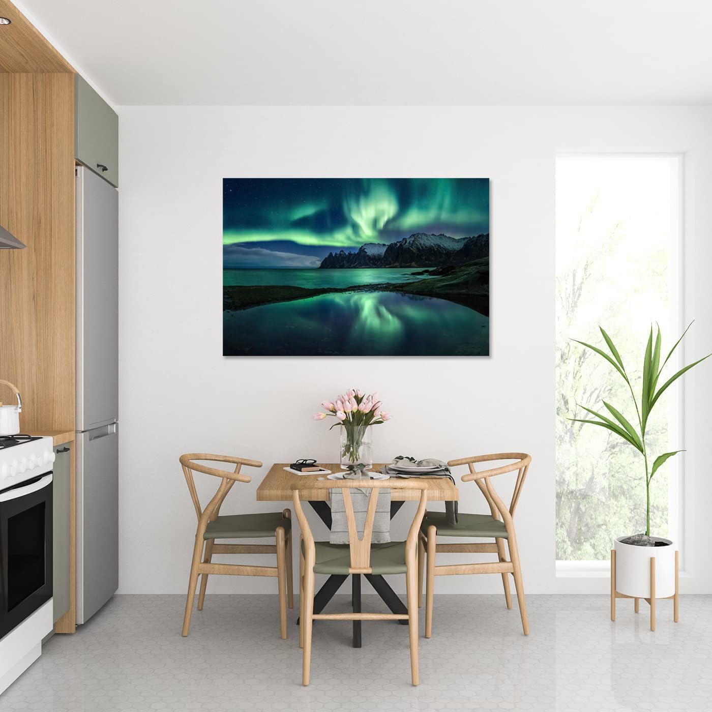 Aurora Borealis Wall Art Painting for Office Bedroom Scenery Landscape Canvas Print Framed Picture Northern Lights Poster Artwork Ready to Hang (24.00"x36.00")
