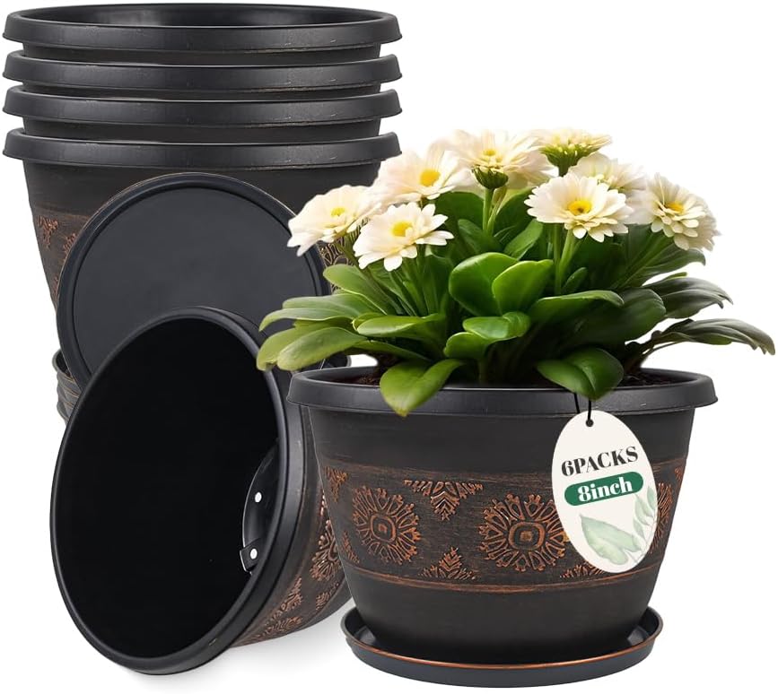 6 Pack 8 inch Plant Pots, Retro Pattern Planters with Drainage Holes and Saucer, Sturdy Plastic Garden Flower Pots for Indoor & Outdoor Plants