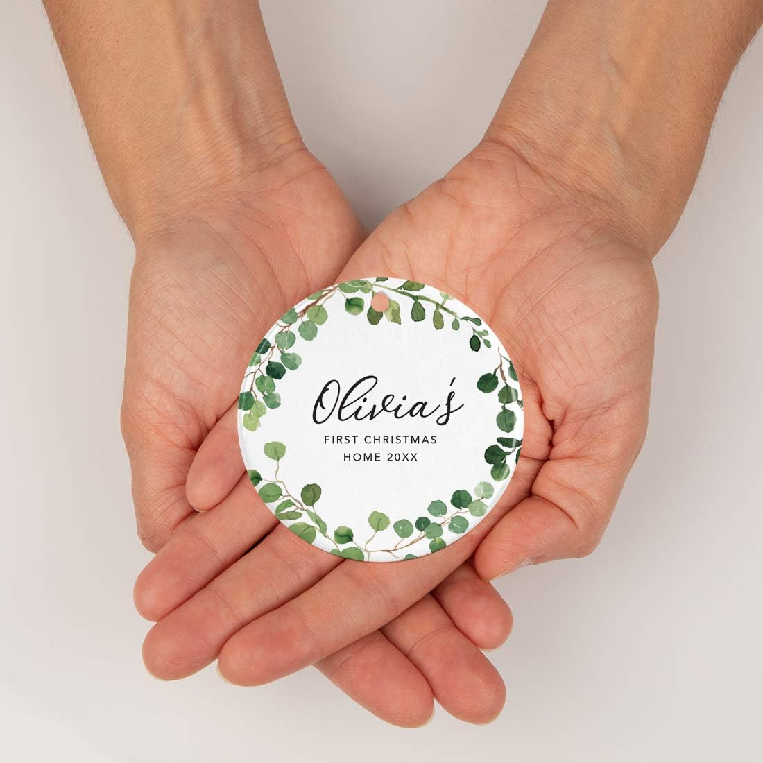 Andaz Press Personalized Round Ceramic Porcelain Christmas Tree Ornament Keepsake Collectible New Baby Gift, Olivia's First Christmas Home 2025, Farmhouse Eucalyptus Wreath, 1-Packs