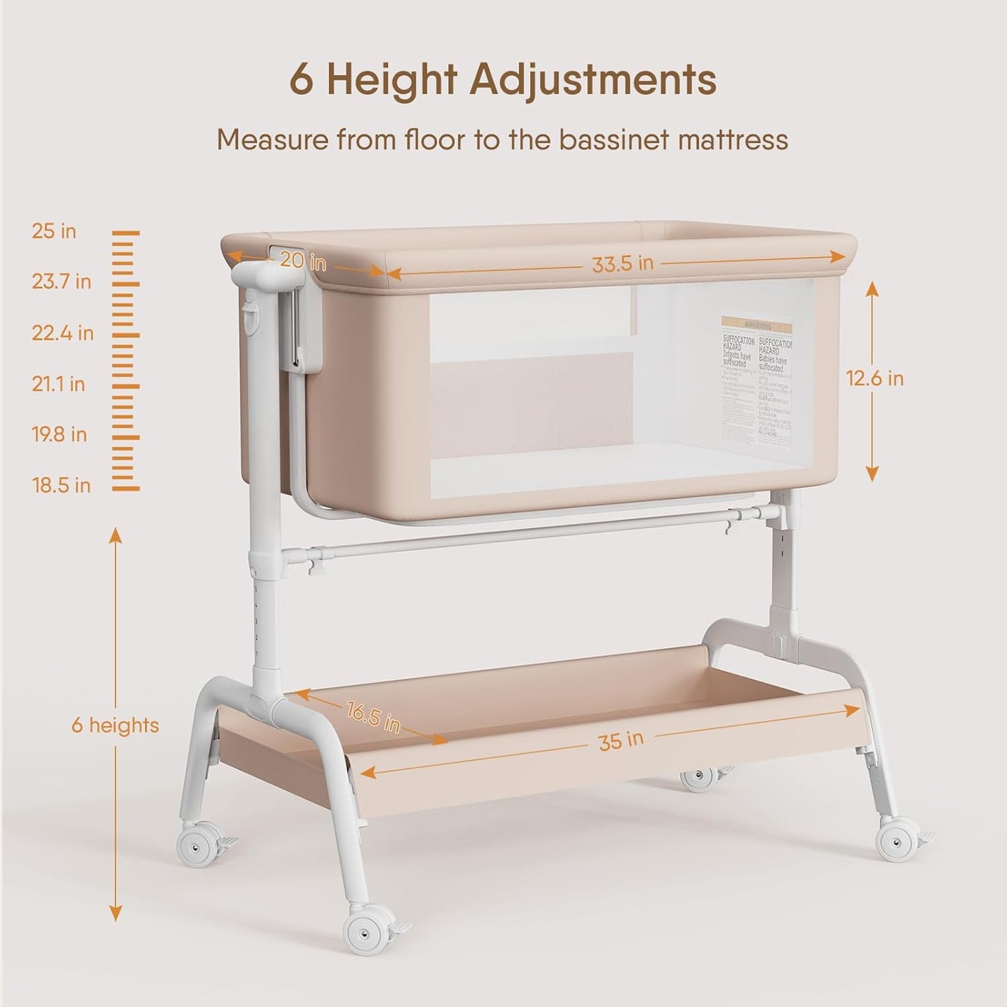 3-in-1 Baby Bassinet, Rocking Bassinet, Bedside Bassinet for Baby, Stable and Secure Bassinet Bedside Sleeper for Newborn & Infant, 6 Height Adjustable with Wheels, Mattress & Breathable Mesh (Khaki)