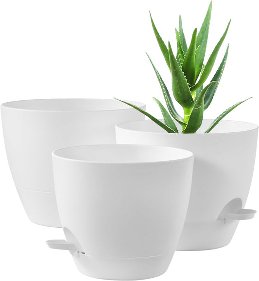 FaithLand 3-Pack Planter Pots, 10 9 8 Inch Self Watering Flower Pots for Indoor Outdoor Garden Plants, White