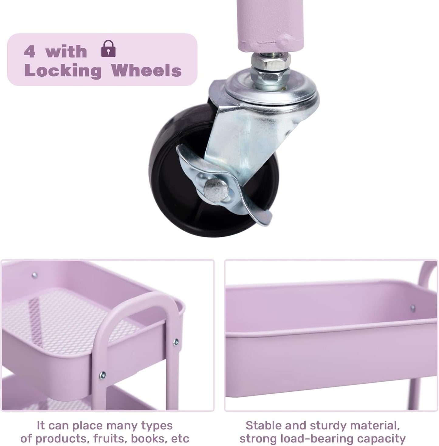 AGTEK Makeup Cart, Movable Rolling Organizer Cart, 3 Tier Metal Utility Cart with Lockable Wheels for Home & Office, Purple