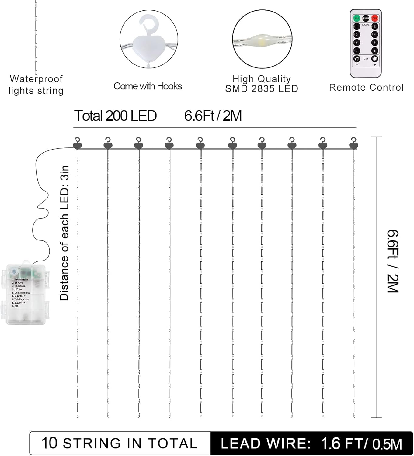 echosari Curtain Lights Battery Operated, 200 LED Curtain Fairy Lights 6.6×6.6ft with Remote Timer Outdoor Wall Light Fully Waterproof for Wedding Backdrops Bedroom Decor (Cool White)