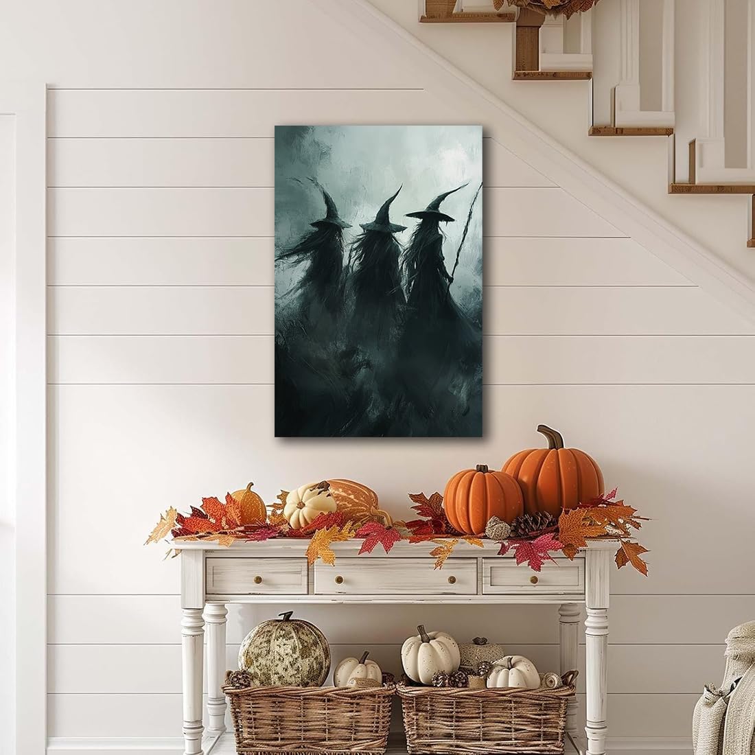 Gothic Witchs Horror Halloween Wall Art,Three Witches in Moody Forest Painting Wall Decor,Autumn Spooky Witches Forest Canvas Printing For Gallery Living Room Bedroom,12"x18" Framed