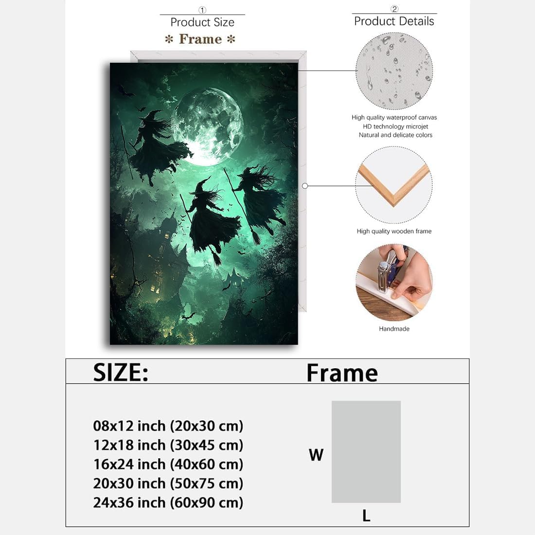 Flying Three Witches Halloween Canvas Wall Painting,Witches on Broom Under Full Moon Castle Victorian Decoration Haunted House Retro Poster for Living Room Bedroom Gallery,16"x24" Framed