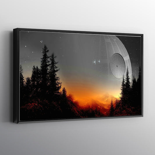 Death Star Inspired Canvas Print Wall Art | Futuristic Space Station Artwork | Smooth Surface Home Decor – Various Sizes (24in x 18in Modern Black Framed)