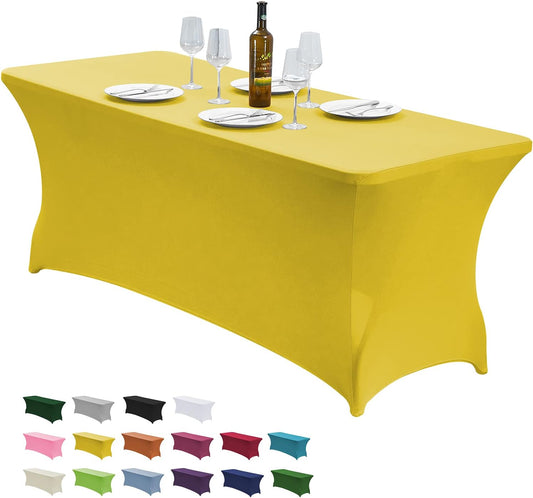 CWK 4FT Waterproof Stretch Spandex Table Cover for Rectangular Tables - Elastic Fitted Tablecloth for Folding Tables,Wrinkle Resistant Table Cloth for Parties, Weddings, Banquets & Events (Yellow)