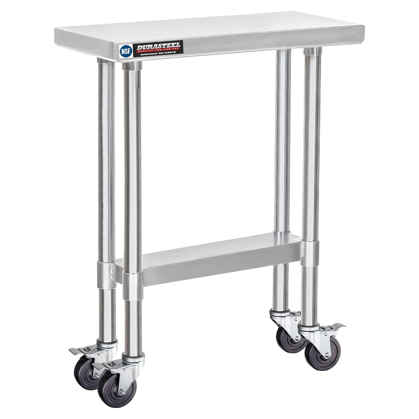 DuraSteel 30x12 NSF Stainless Steel Cart - Heavy Duty Rolling Food Prep Table with Undershelf - Metal Utility Cart for Commercial Restaurant Kitchen, Laundry, Side Mixer Stand
