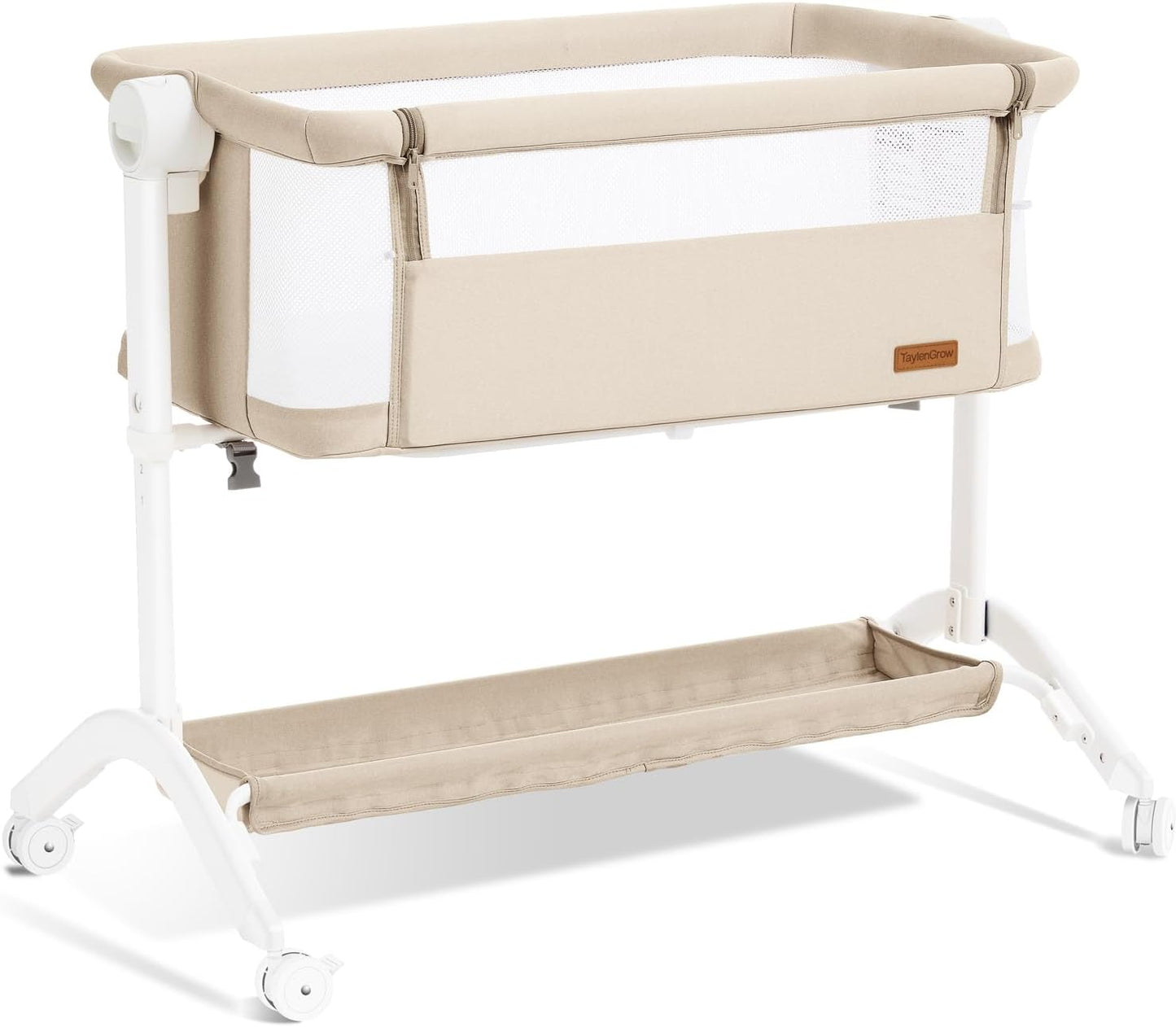 Bassinet Bedside Sleeper - All-Mesh Design, Portable Bedside Bassinet for Baby with Washable Mattress, 5 Adjustable Heights（Beige）