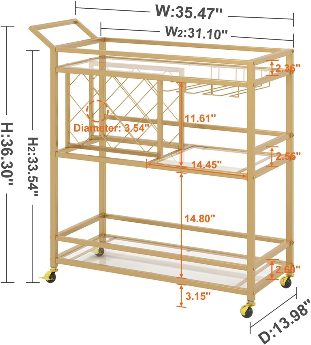 FATORRI Bar Cart Gold, Home Bar Serving Cart with Wine Rack and Glasses Holder, Wine Carts on Wheels with 3 Tier Mirrored Shelves for Liquor and Beverage (Gold)