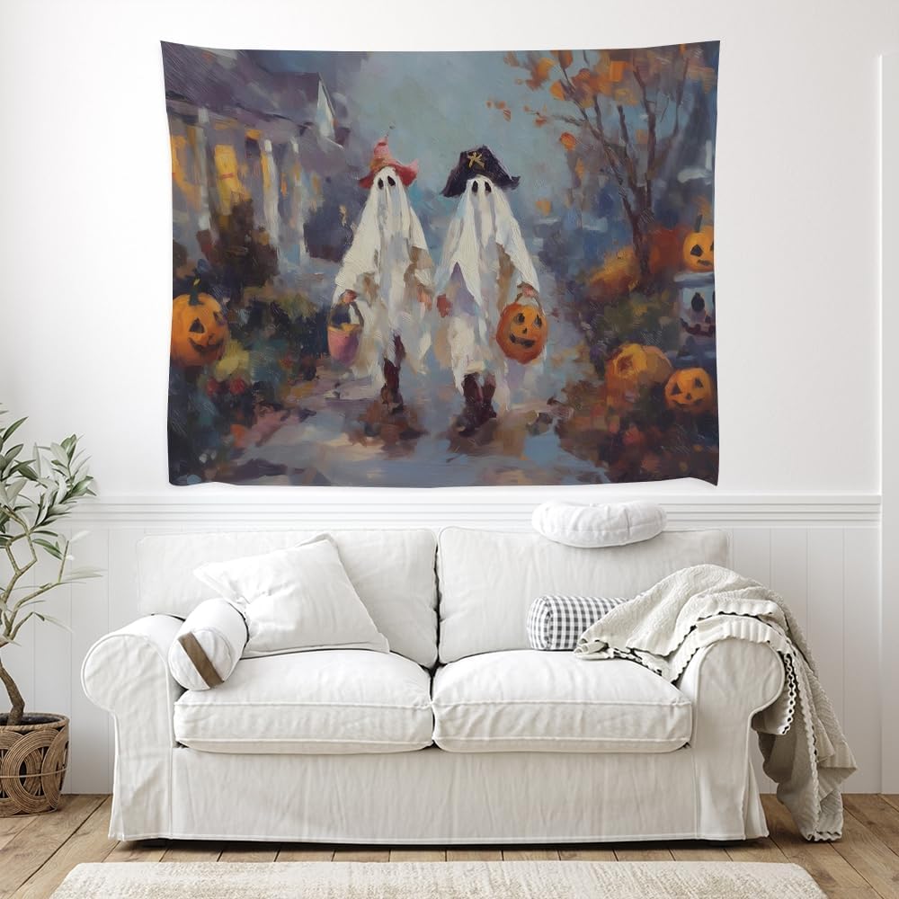 Funny Halloween Ghost Tapestry Wall Hanging Cute Kids Nursery Room Decor Trick or Treat Art Print Goth Fall Pumpkin Ghost Tapestries for Living Room Bedroom wall Decor 70x90inch