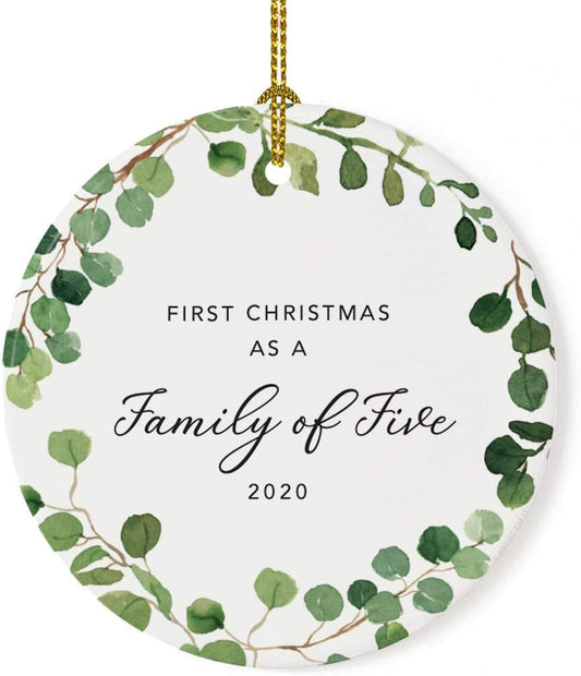 Andaz Press Custom Year Round Ceramic Porcelain Christmas Tree Ornament Keepsake Collectible Gift, First Christmas as a Family of Five 2025, Farmhouse Eucalyptus Wreath, 1-PackNew